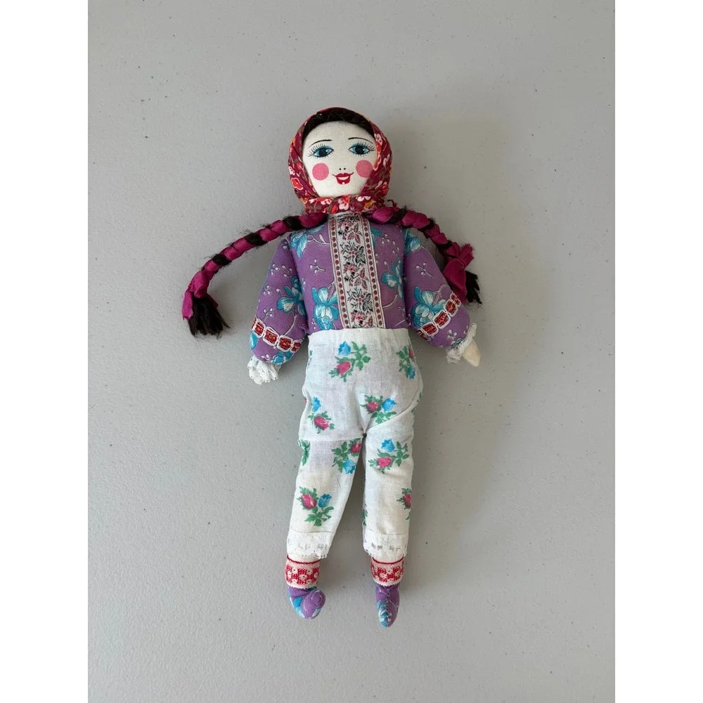 Vintage 70s Russian Babushka Cloth Doll Braided Yarn Hair Folk Art Rag Toy